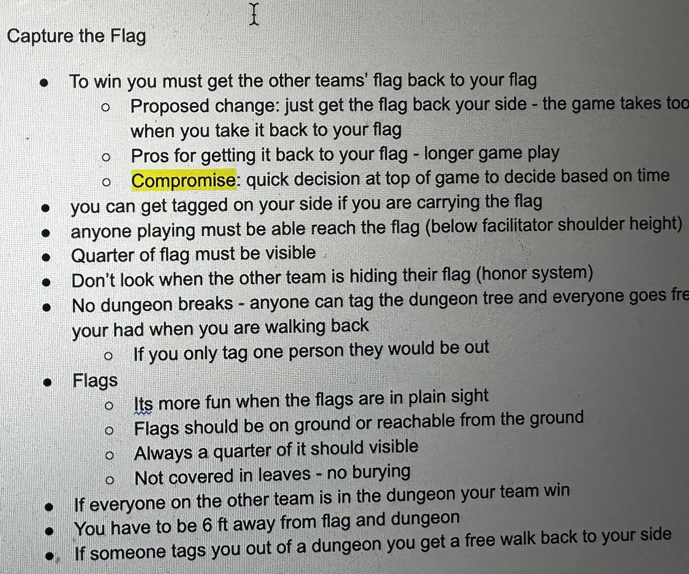 The capture the flag rules, typed up, with a proposed change, the pros, and a compromise highlighted