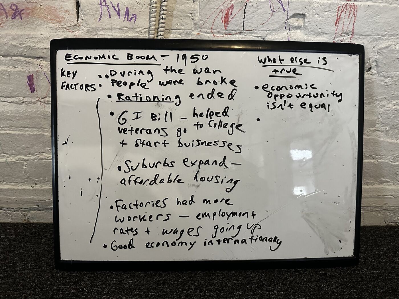 A whiteboard of notes on the 1950s economy: rationing ended, the GI Bill, suburbs, factories