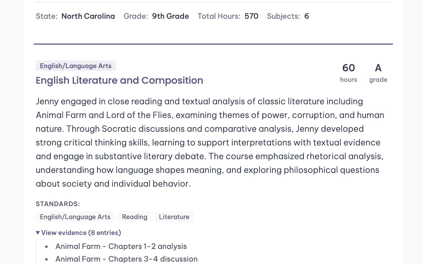A transcript with course titles written from the portfolio